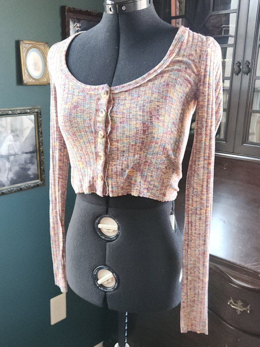 Urban Outfitters Multi-Colored Textured Knit Button Up Crop Top